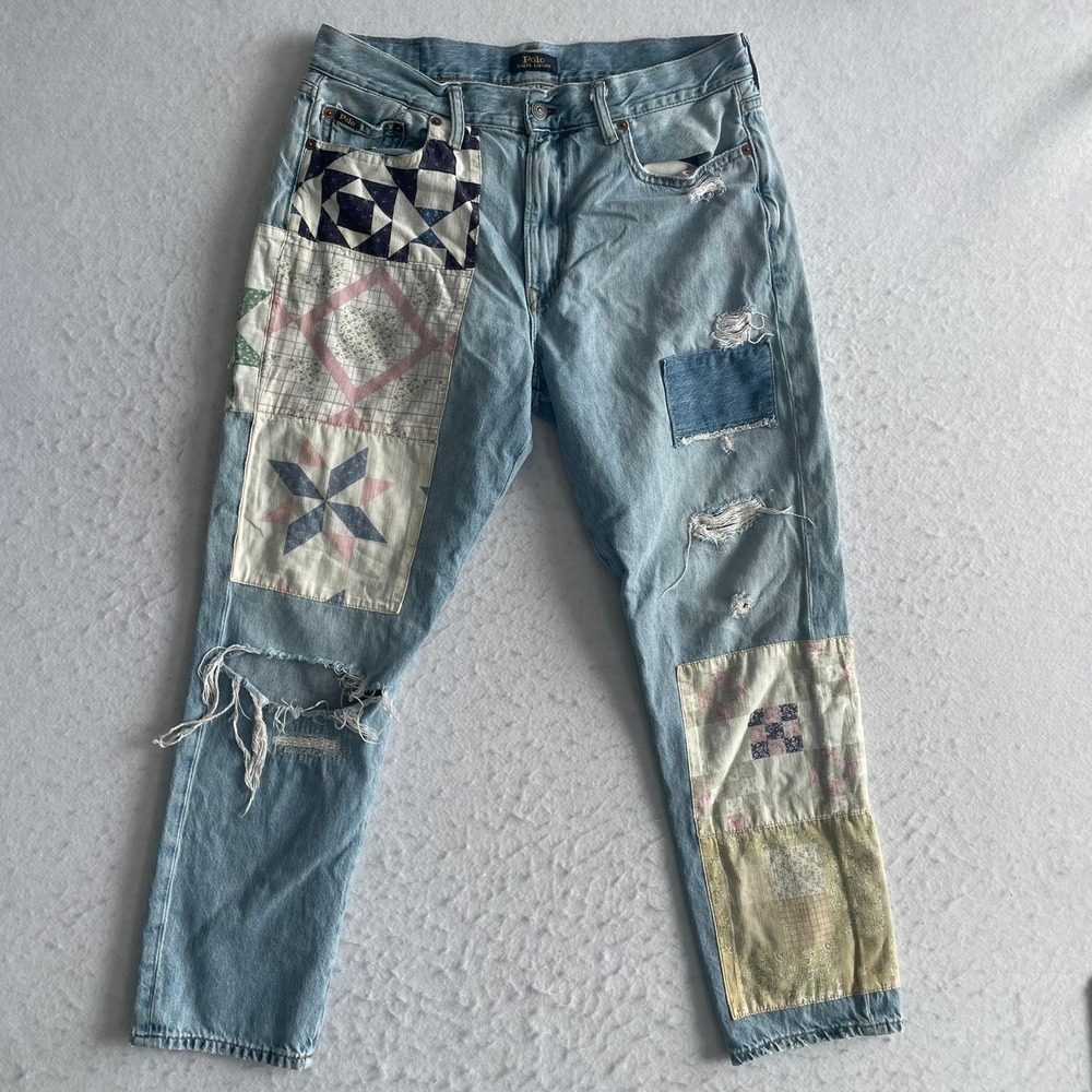 Polo Ralph Lauren Patchwork Jeans Mens 29 Light Blue Distressed Quilt Denim